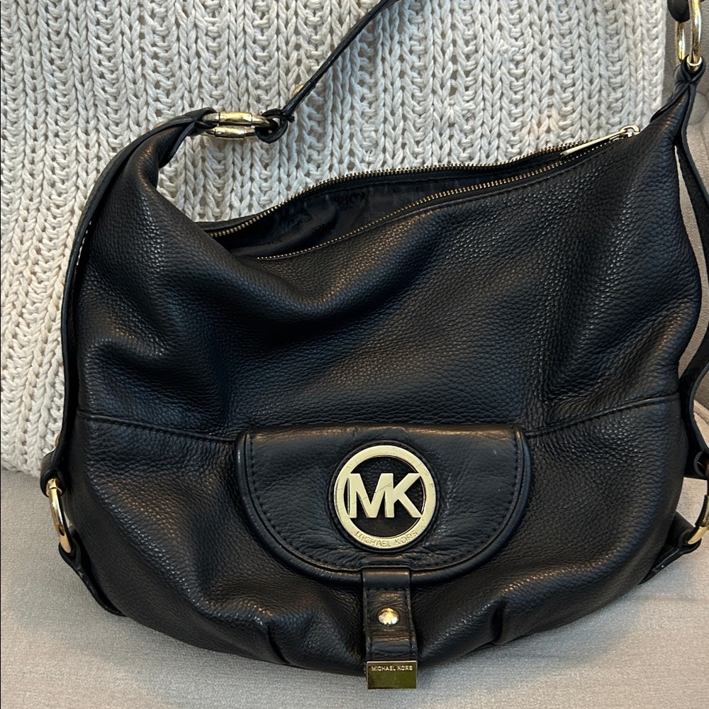 Michael Kors Black Leather Hobo Bag MK Logo Gold Hardware
